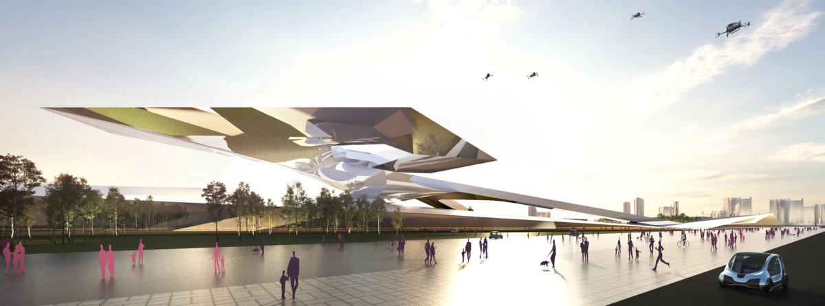 Futuristic angular pavilion over a waterfront plaza; pedestrians stroll past trees with a distant city skyline.