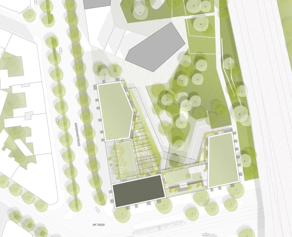 Top-down site plan of an urban development showing rectangular buildings, tree-lined streets, courtyards, and a solar-panel installation.