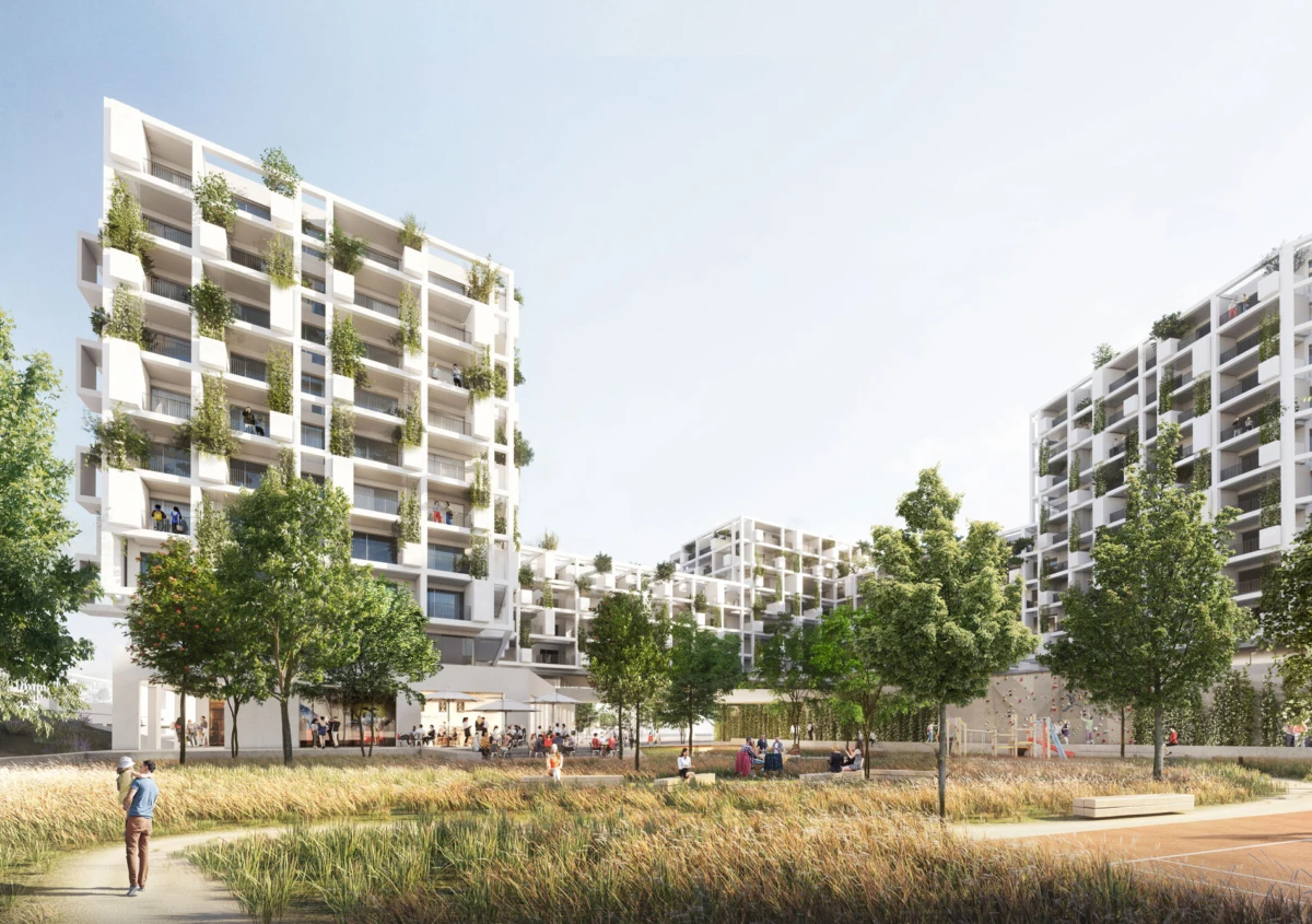Modern white apartment complex with cascading balconies and greenery around a sunlit courtyard where residents walk and relax.