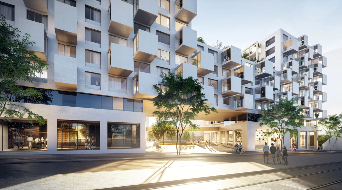 Modern residential tower with stacked cube balconies; pedestrians stroll past ground-floor shops beneath a sunlit covered plaza.