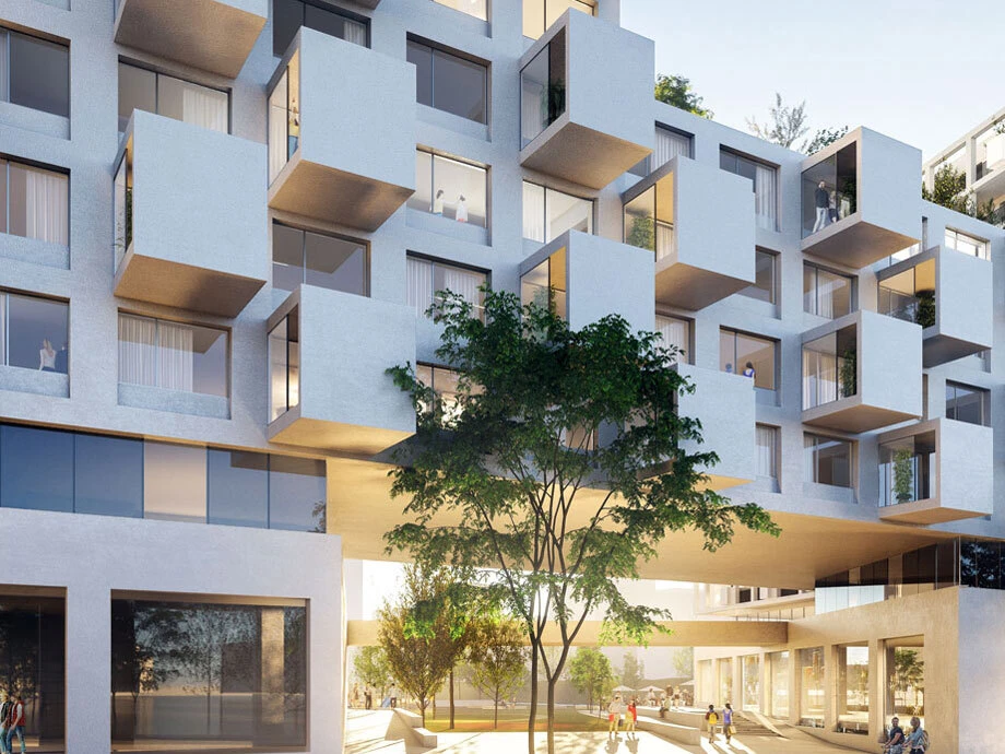 Modern residential building with protruding cube balconies, glass facade, and a tree-filled courtyard; people walk beneath the elevated walkway.