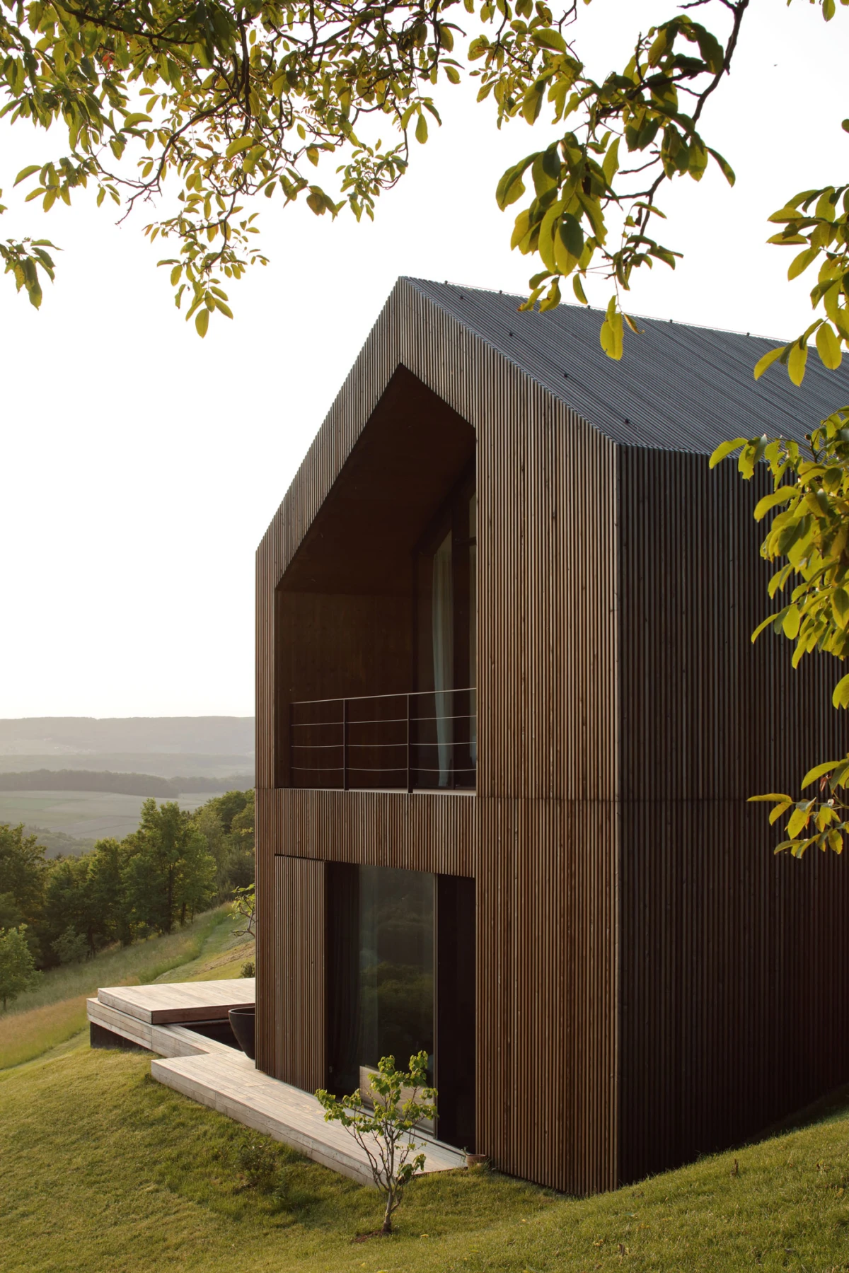 Two-story modern wooden house with vertical slats on a grassy hillside; glass doors, balcony railing, and surrounding trees.