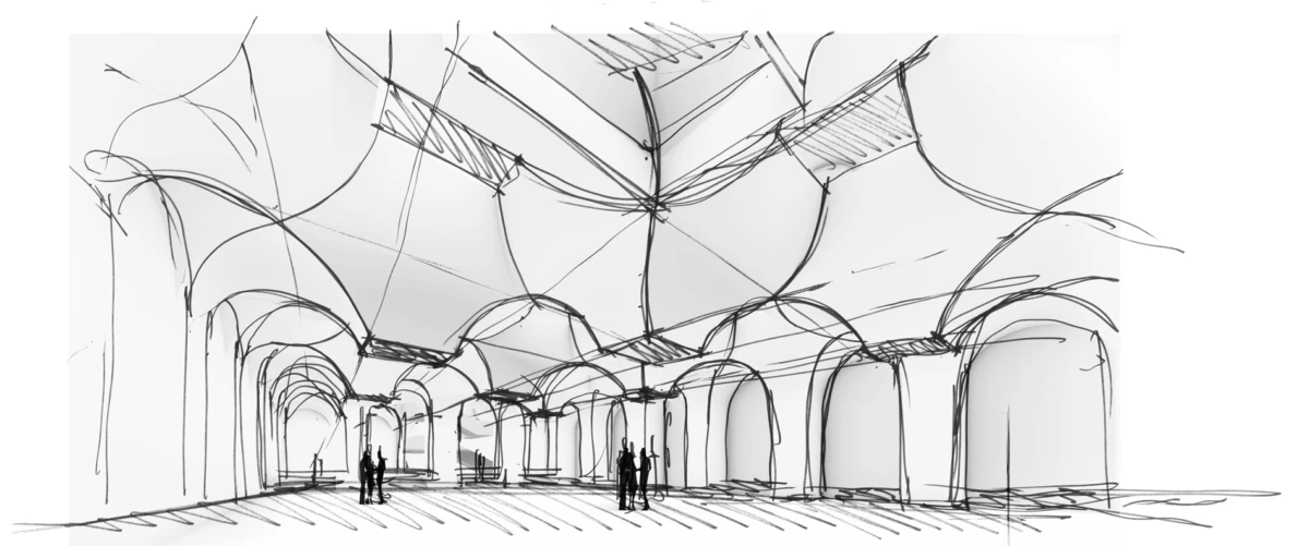 Sketch of a vaulted interior hall with a long colonnade of arches and ribbed ceiling; small groups of people standing.
