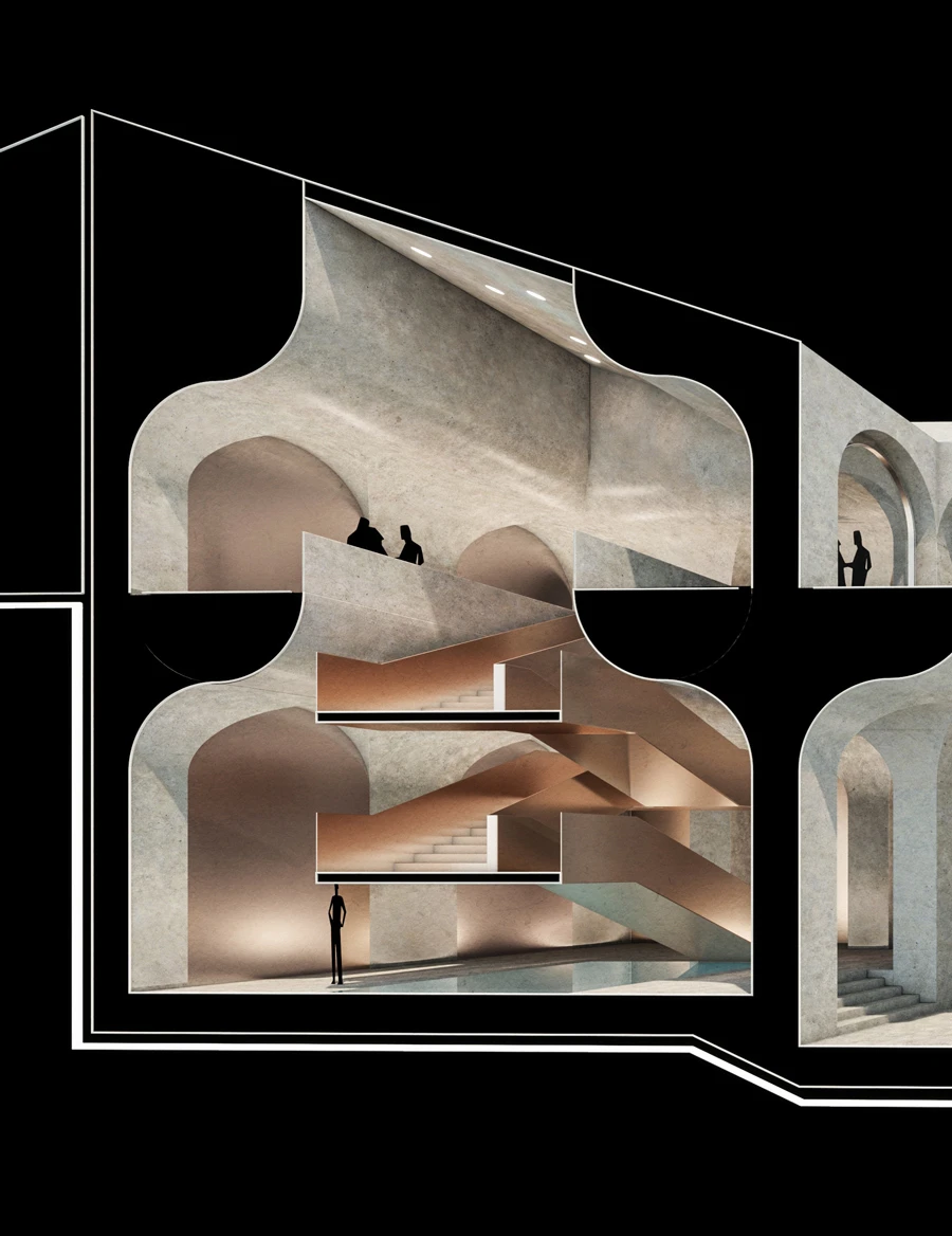Cross-section of a multi-level concrete building with curved arches, winding staircases, and silhouetted figures inside.