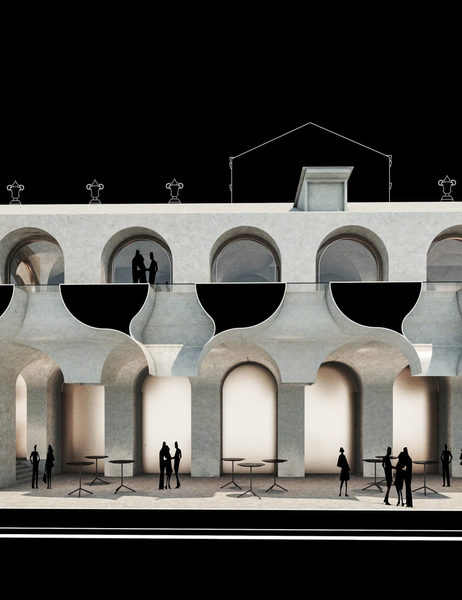 Concrete arcade facade with scalloped arches; silhouetted people mingle around round tables on a terrace.