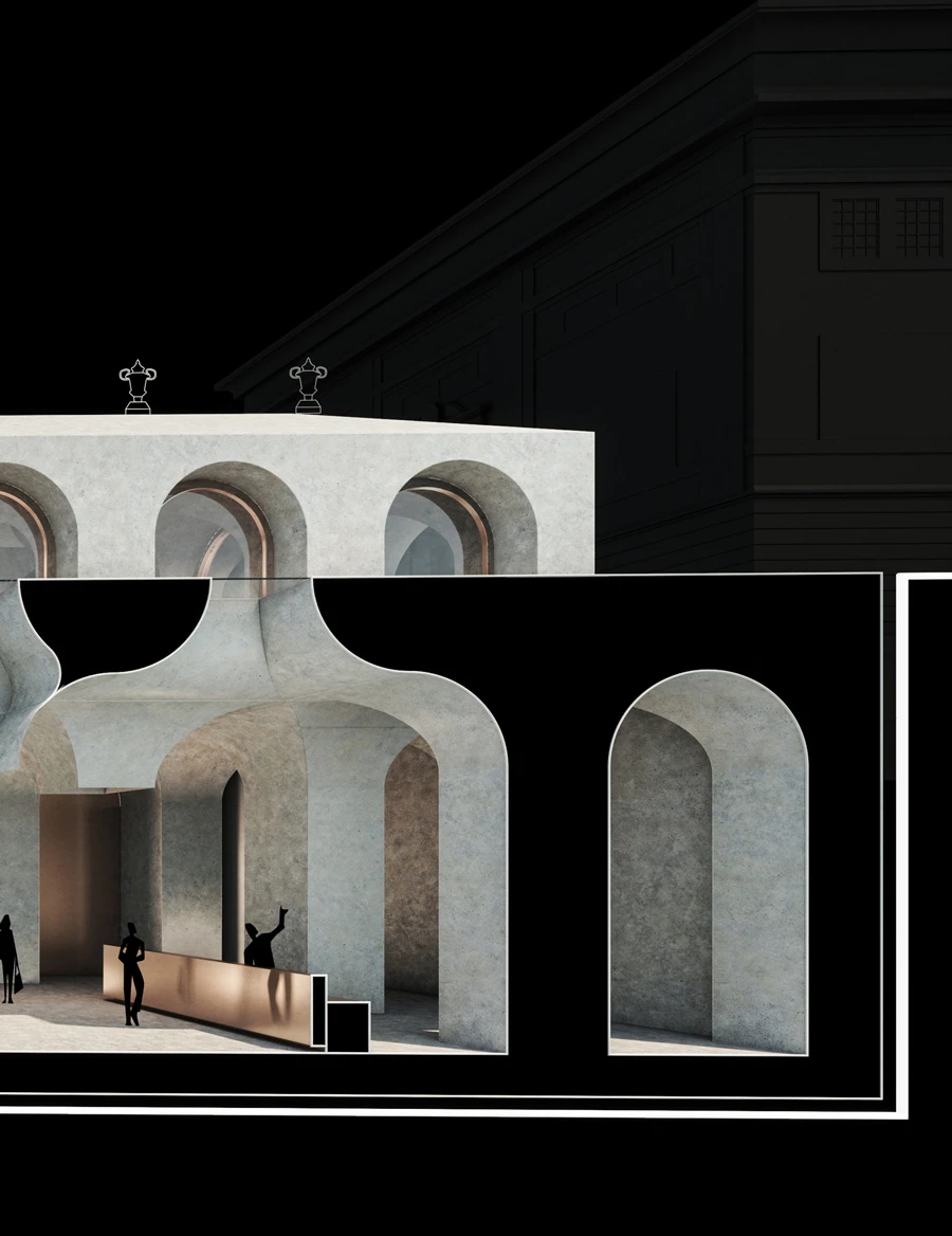 Cross-section view of a stone arcade with rounded arches and a copper railing; silhouetted figures gesture inside.