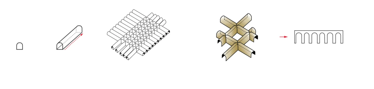 Construction diagram sequence assembling a curved lattice arch from metal channels and cross bracing.