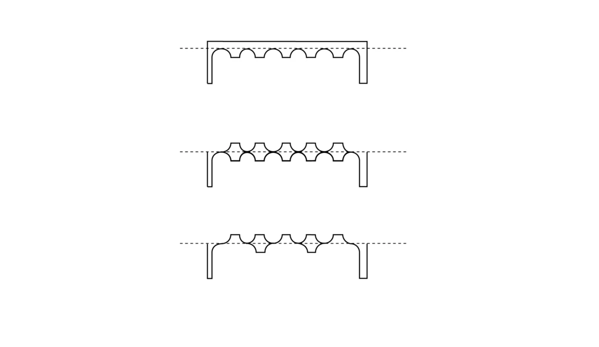 Three side-view brackets with five rounded teeth, illustrating progressive tooth-profile variations.