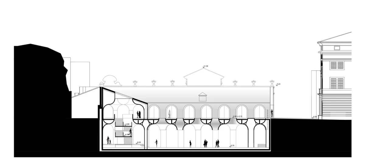 Architectural cross-section of a subterranean, multi-level arcade with vaulted arches, stairs, and people.
