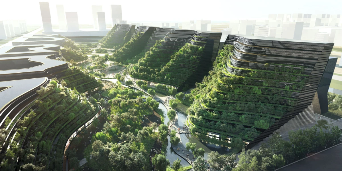 Terraced green buildings surround a central canal; pedestrians stroll along tree-lined walkways in a modern eco-urban landscape.