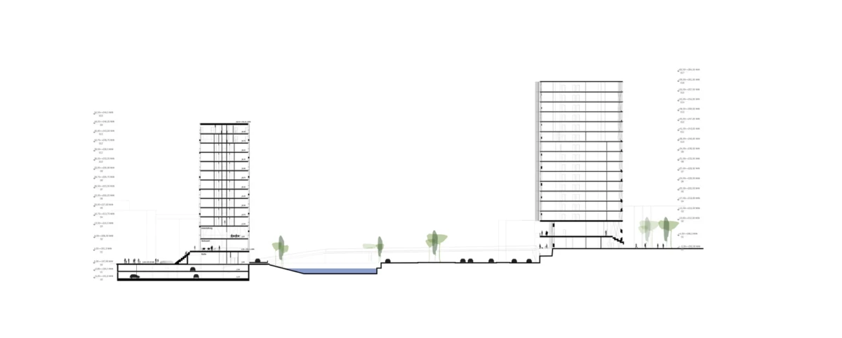 Architectural cross-section of two high-rise towers connected by a lower podium, with a water feature and tree-lined pedestrian plaza.
