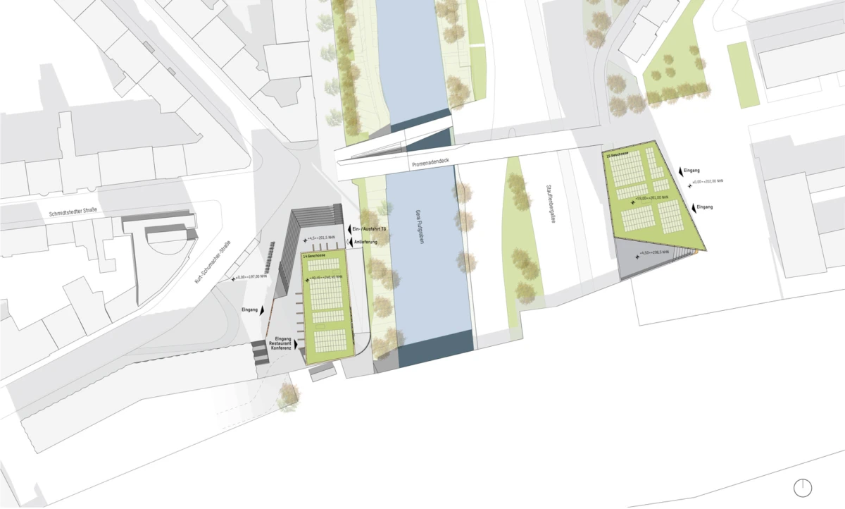 Site plan of a riverside urban development with pedestrian bridges, promenades, and green spaces.
