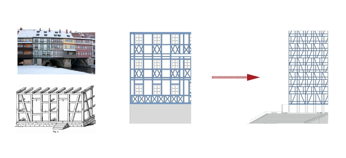 Left: snow-covered half-timbered houses and scaffold. Center: blue timber-framed building under construction. Right: high-rise with crisscross facade.