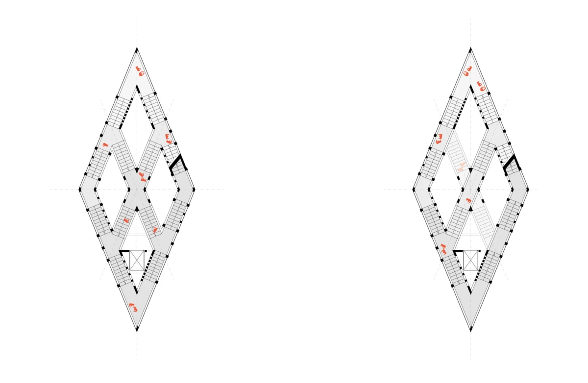 Two diamond-shaped architectural blueprints displayed side by side, with internal grid patterns and stair-like structures against a white background.