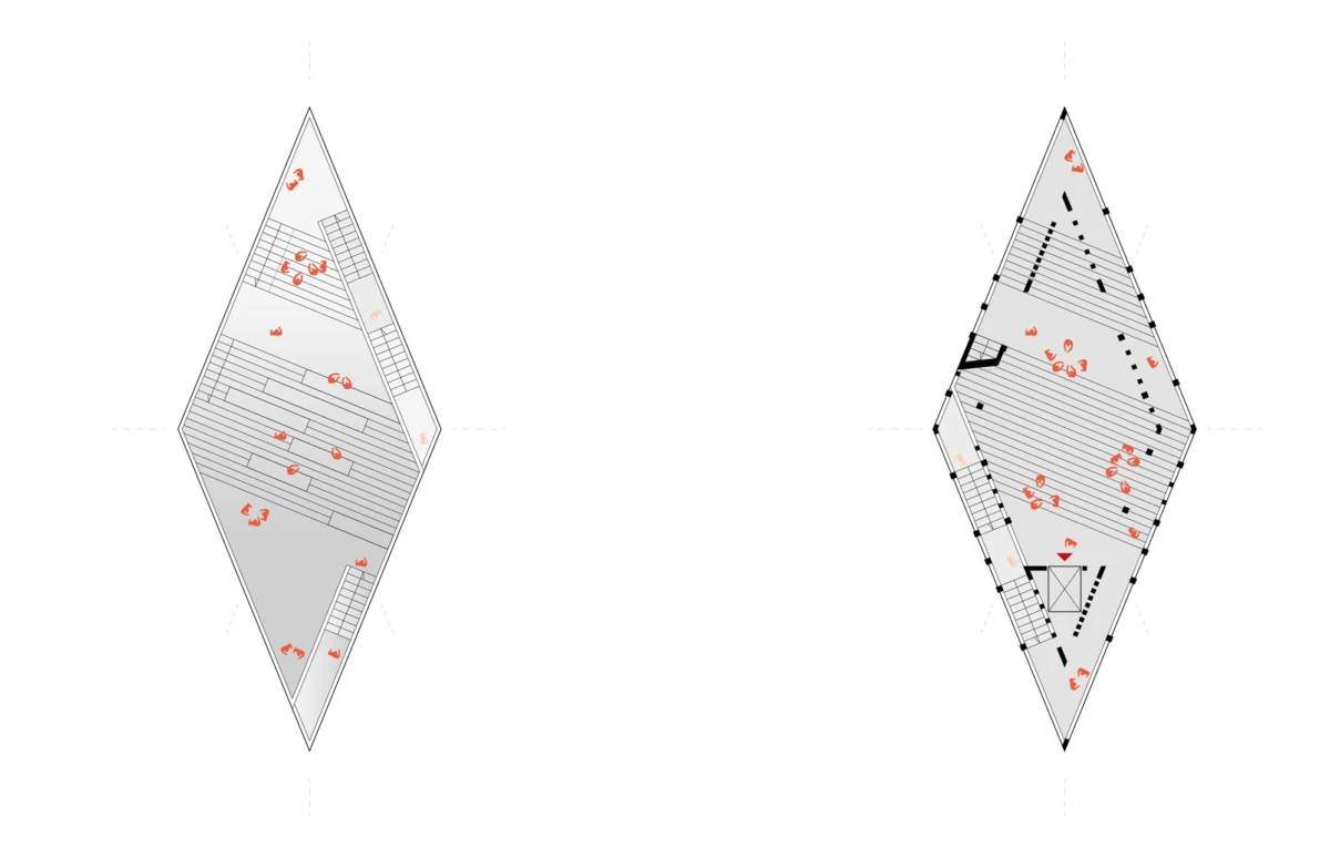 Two diamond-shaped architectural floor plans side by side on white background, showing interior rooms and orange occupancy icons.