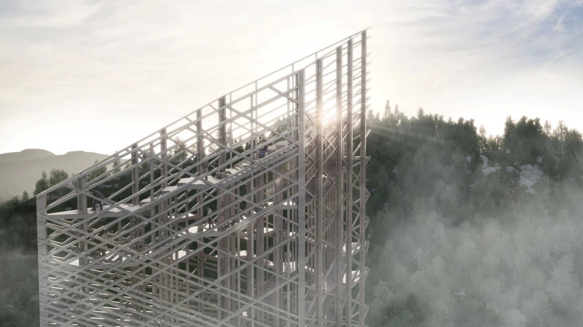 Steel lattice tower under construction on a misty hillside overlooking a forest, with workers on its stairs.
