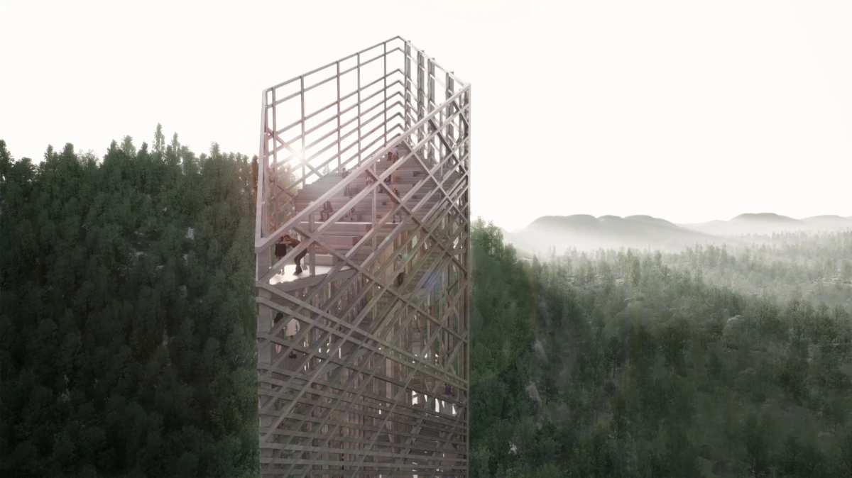 Tall steel lattice observation tower with visible staircases in a dense forest, sunset glow and distant hills.