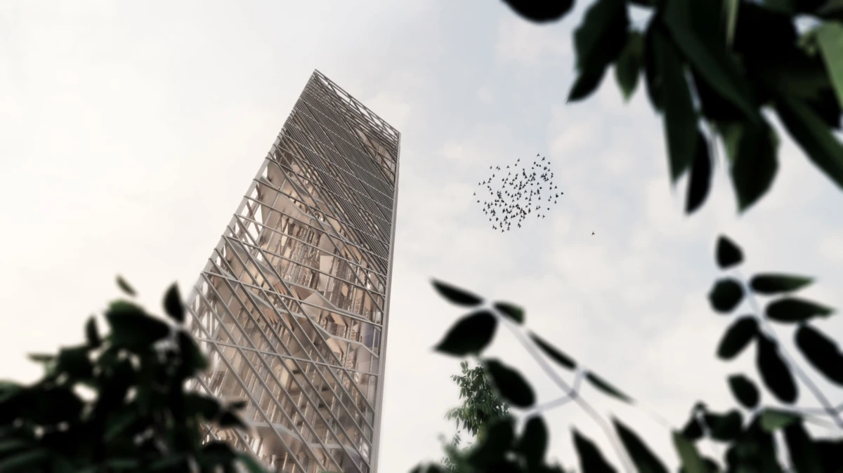 Tall glass skyscraper with lattice facade seen from below, a flock of birds in the cloudy sky, framed by foreground leaves.