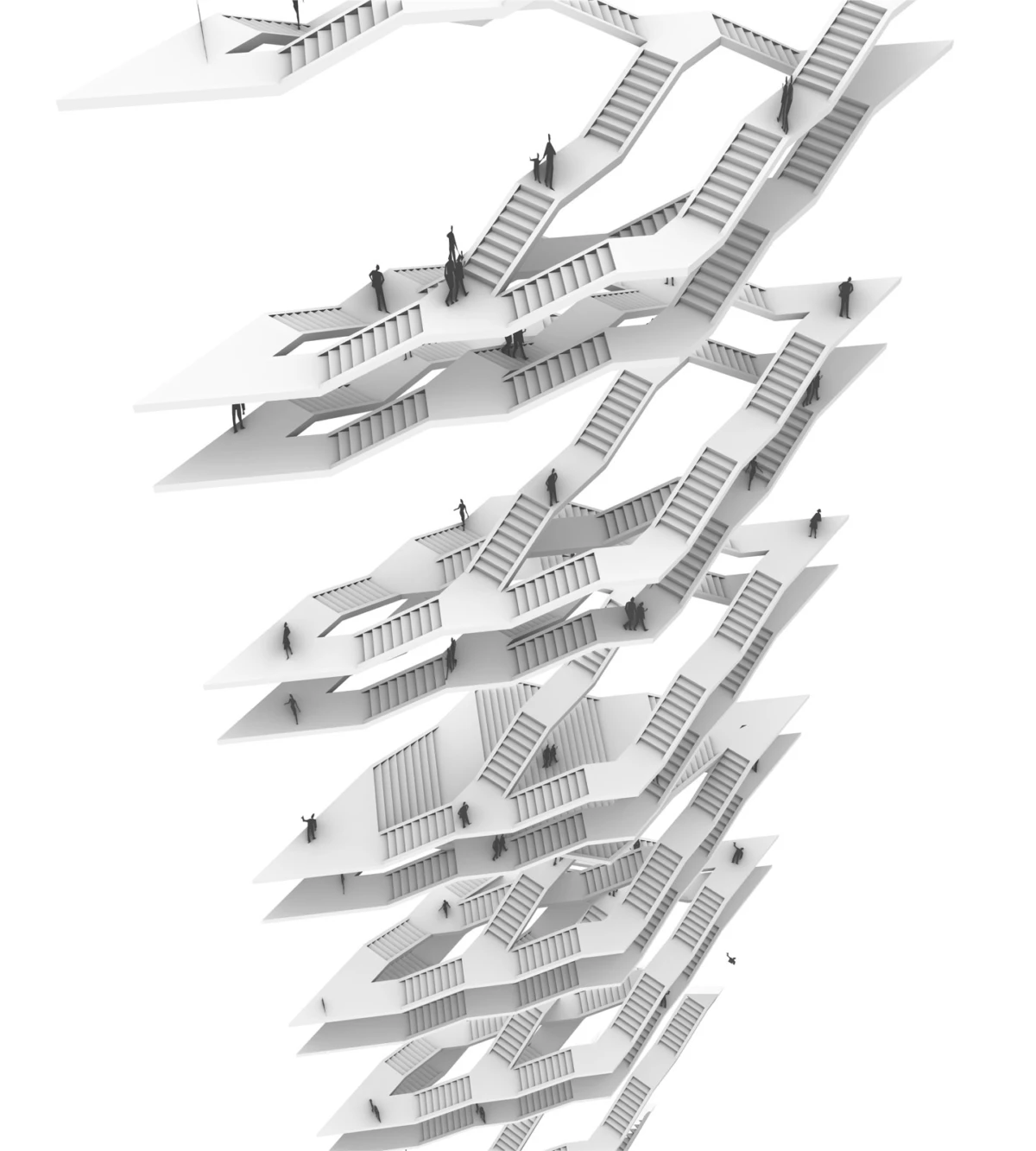 Surreal tower of interwoven white staircases against a white background, with tiny human silhouettes climbing.