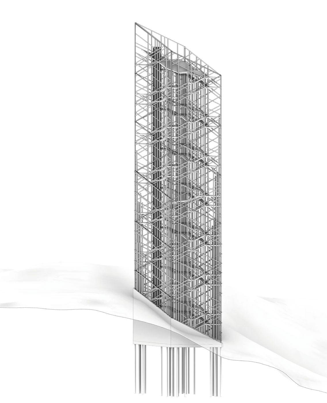 Tall steel scaffolding envelops a rectangular high-rise core on a construction site, with crisscross lattice and vertical supports.