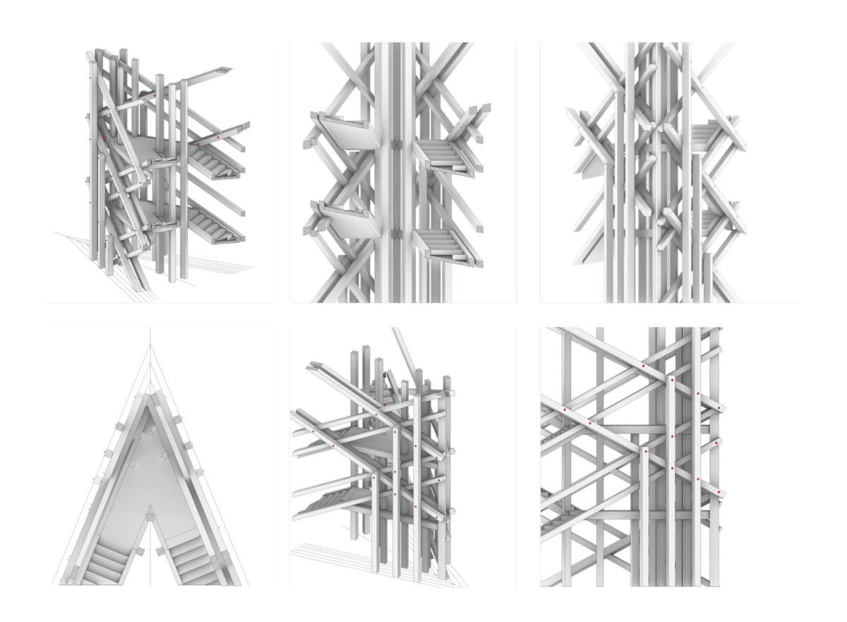 Collage of wooden scaffolding frames with diagonal braces and bolt joints viewed from multiple angles.