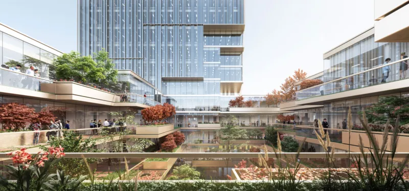 Modern glass-office atrium with tiered terraces and greenery; people stroll along glass balconies.