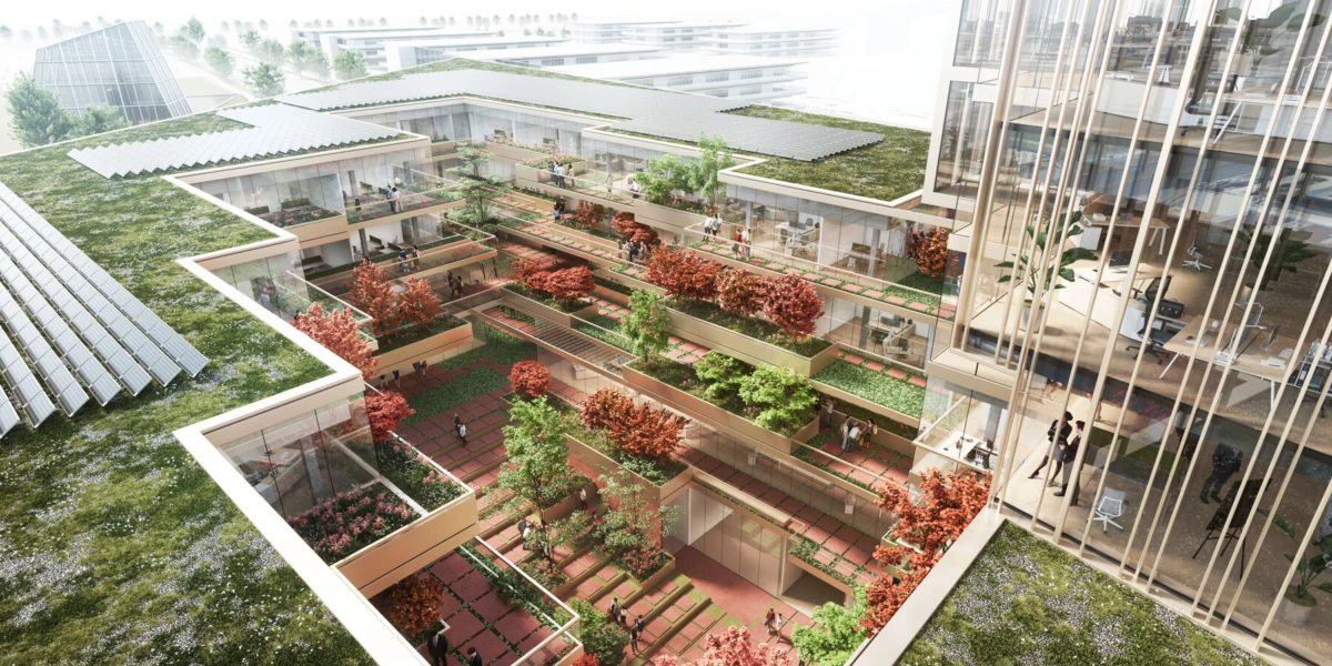 Multi-level rooftop garden courtyard between office wings; people stroll along terraces amid trees and greenery beside a glass-fronted building.