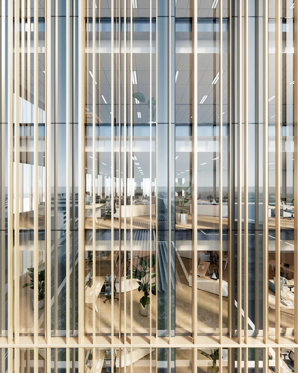 Open-plan office interior viewed through vertical slatted screens; multi-floor atrium with desks, plants, and glass railings.