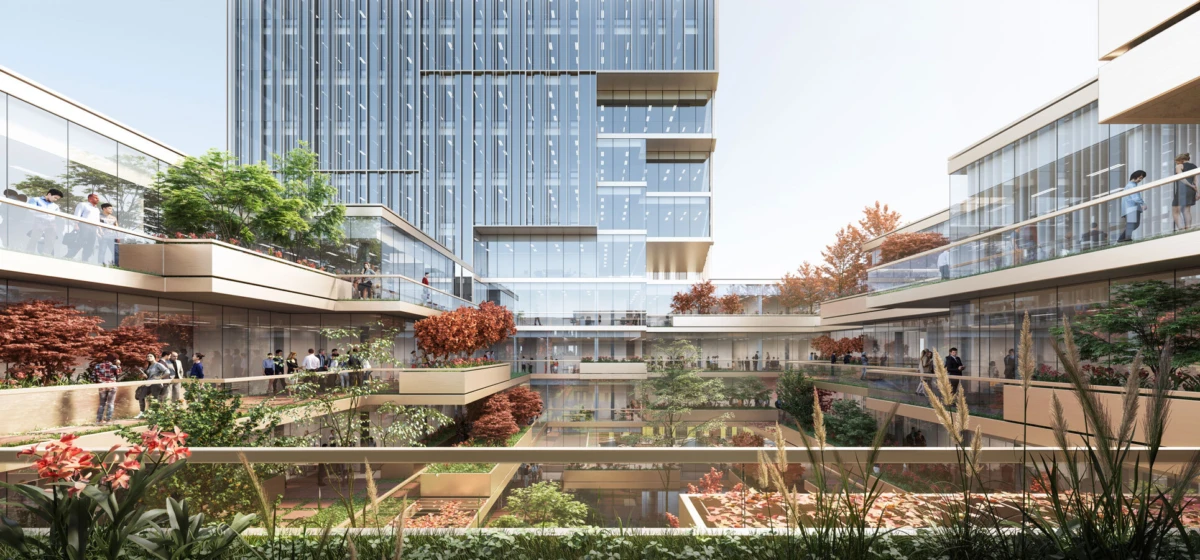Modern glass-office atrium with tiered terraces and greenery; people stroll along glass balconies.