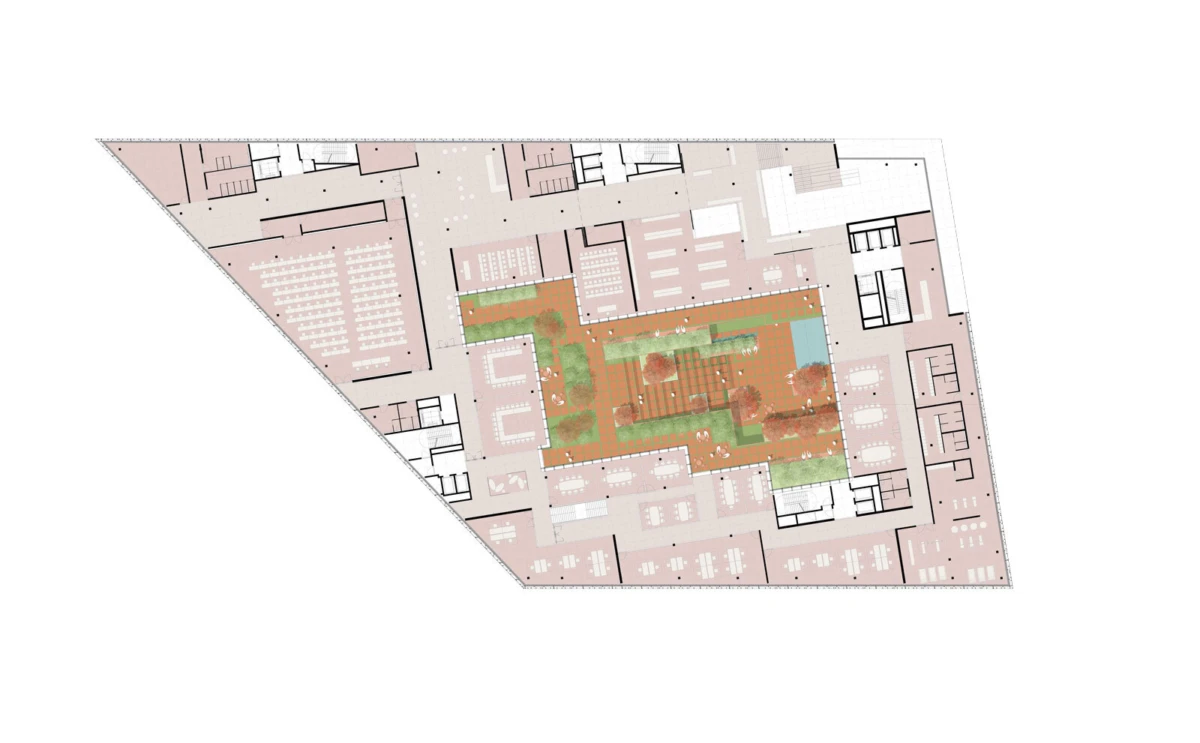 Triangular building floor plan with a central courtyard garden and surrounding rooms.