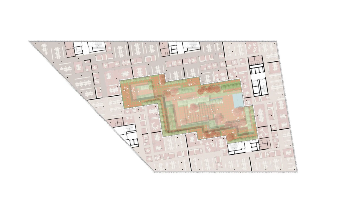 Architectural floor plan of a building complex with a central landscaped courtyard, surrounded by rooms on a trapezoidal site