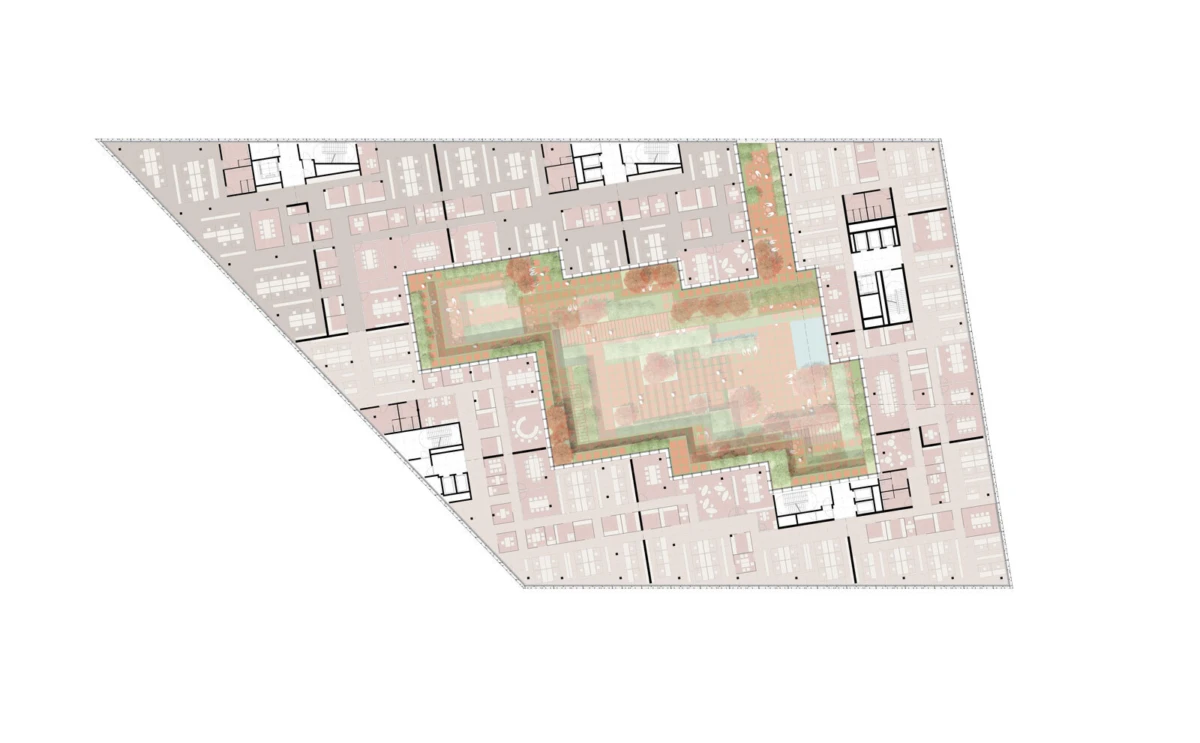 Architectural site plan of a trapezoidal building with a central green courtyard surrounded by room blocks.