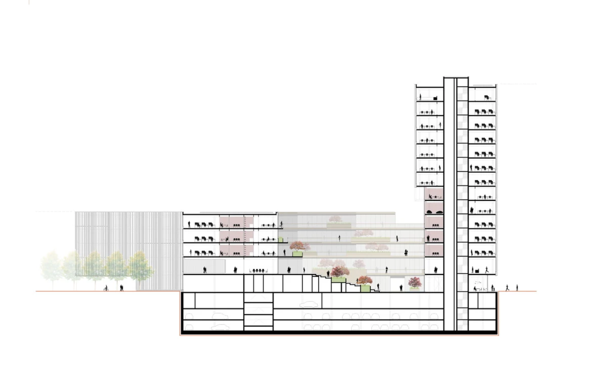 Section view of a mixed-use complex with a low horizontal block and a tall tower, showing interior floors, terraces, and underground parking.
