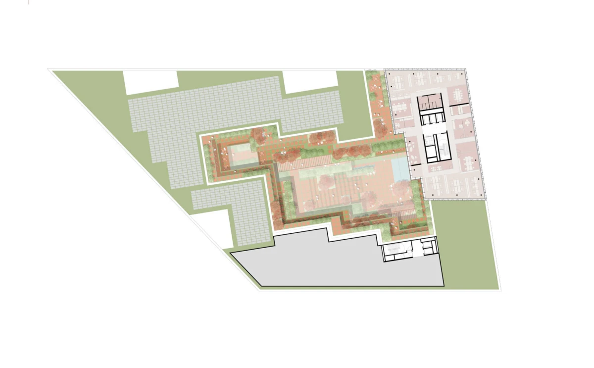 Architectural site plan of an irregular triangular building complex with central courtyard, terraces, gardens, and surrounding parking.