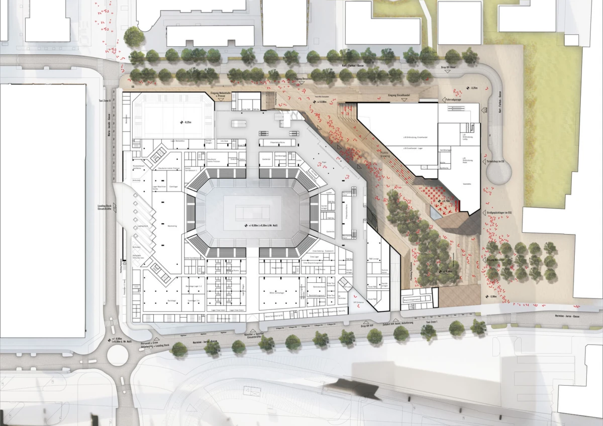 Site plan of a stadium complex with surrounding plaza, walkways, and tree-lined landscaping.