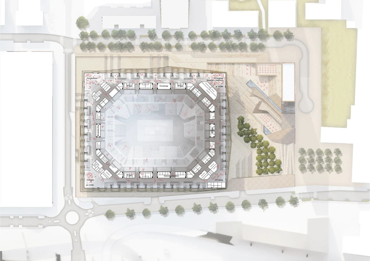 Aerial site plan of a circular stadium surrounded by a plaza, trees, and access roads.