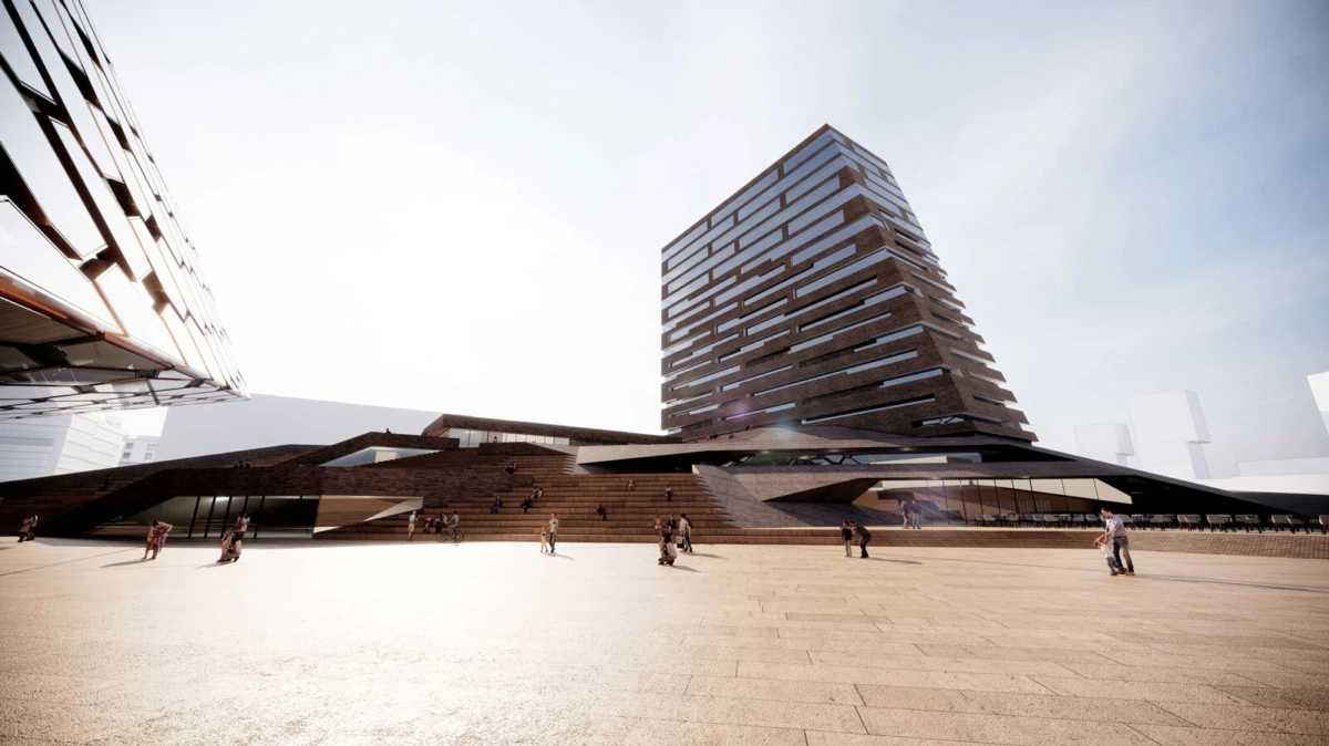 Sunlit plaza with a stacked brown brick skyscraper and sloped terrace, beside a glass-clad angular building; pedestrians walk across.