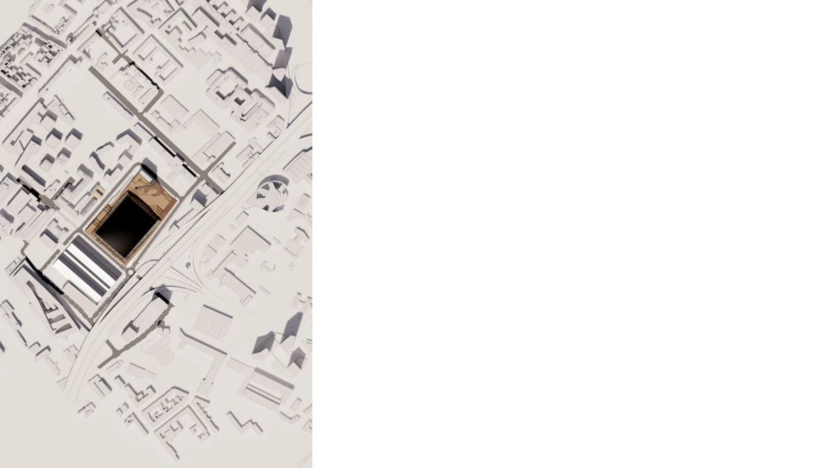 Aerial isometric view of a pale city-block model with a central square courtyard.