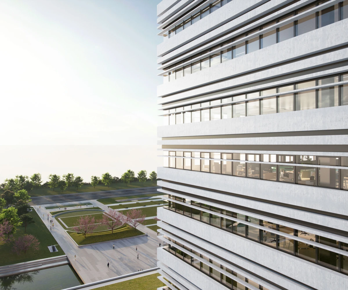 Modern white high-rise with horizontal bands and glass windows; landscaped plaza with pink flowering trees and pedestrian paths.