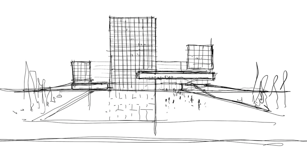 Sketch of a modern architectural complex with a tall rectangular building, a suspended pedestrian bridge, and a wide plaza with small figures.