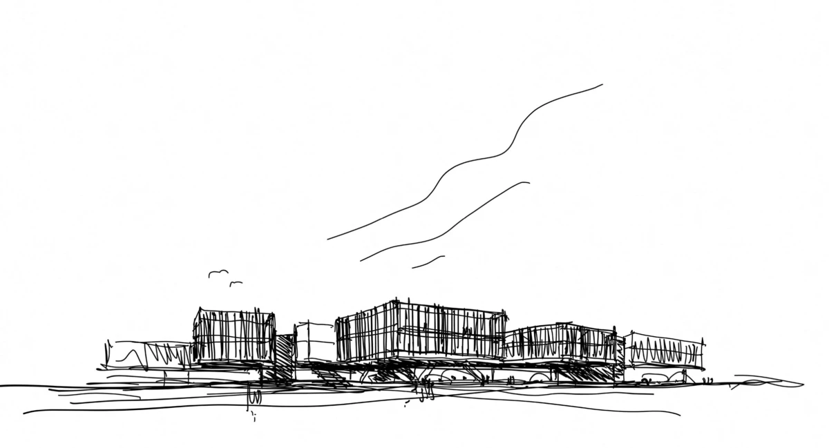 Sketch of a row of boxy modern buildings atop a low platform with arched supports, under a sparse sky.