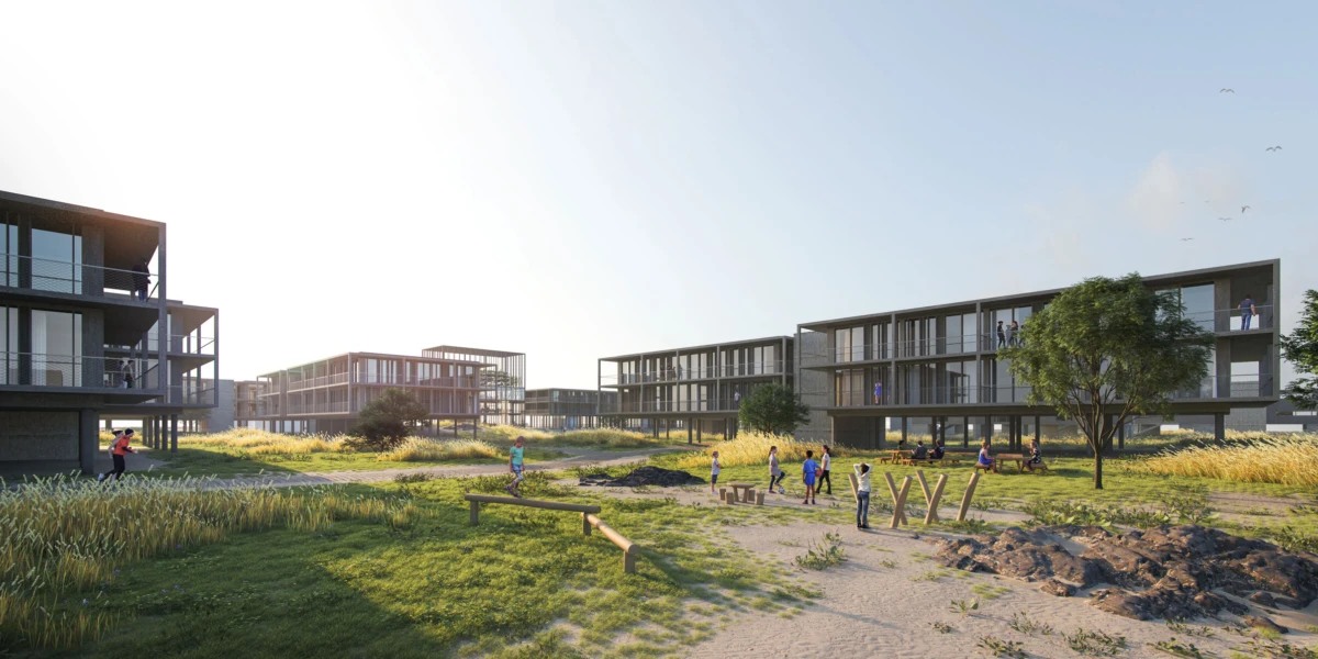 Modern apartment buildings enclose a sunlit grassy communal area where people walk and children play near wooden play features.