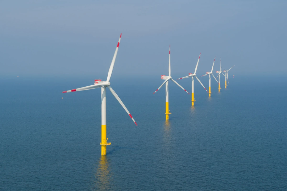 Line of offshore wind turbines with white towers, yellow bases, and red-tipped blades, standing in the blue sea.