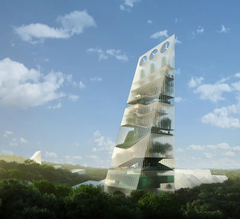 Slanted glass-clad tower with tiered terraces amid green trees under a blue sky.