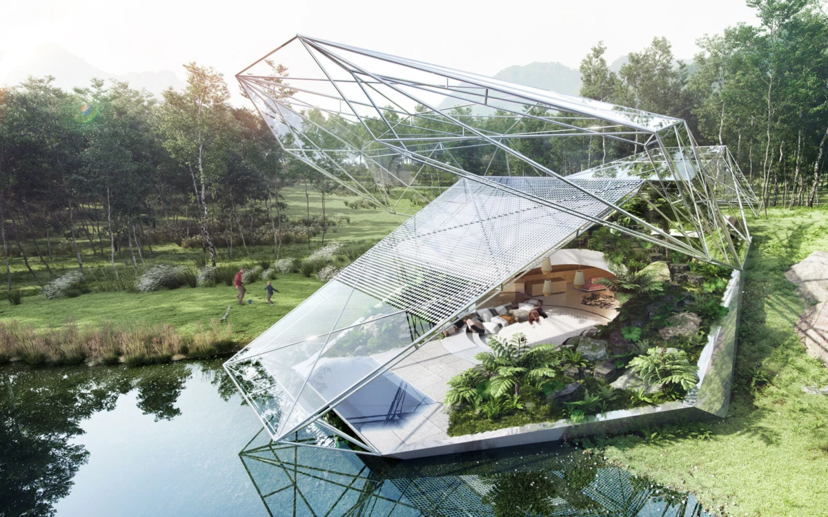 Geometric glass pavilion with exposed steel framework over a lake; interior living space with seating and lush plants.