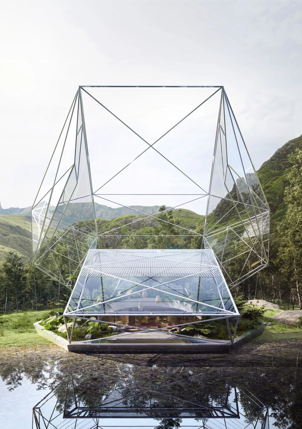 Geometric glass pavilion with crisscrossing metal framework on a platform, reflected in a nearby pool in a green hillside landscape.
