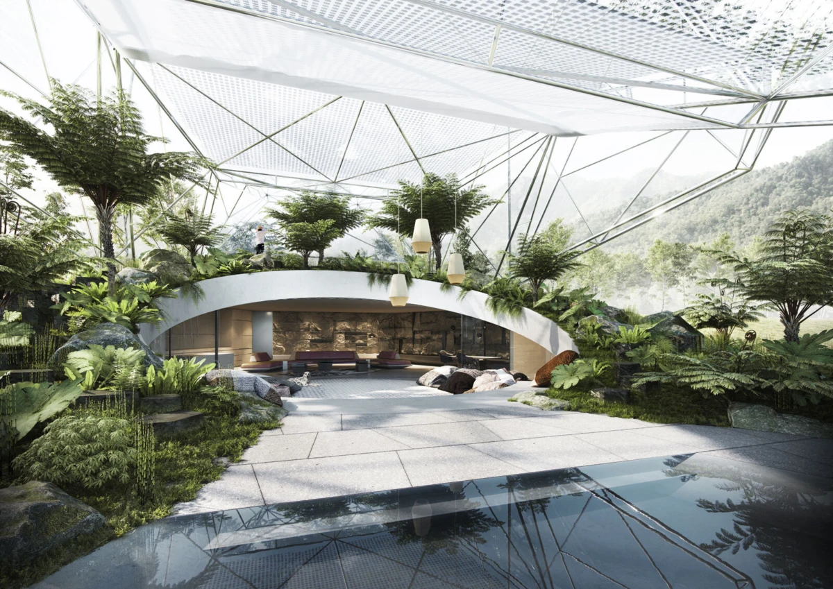 Indoor glass-domed garden with lush plants; a person walks along an elevated curved white arch over seating, with a reflecting pool in the foreground.