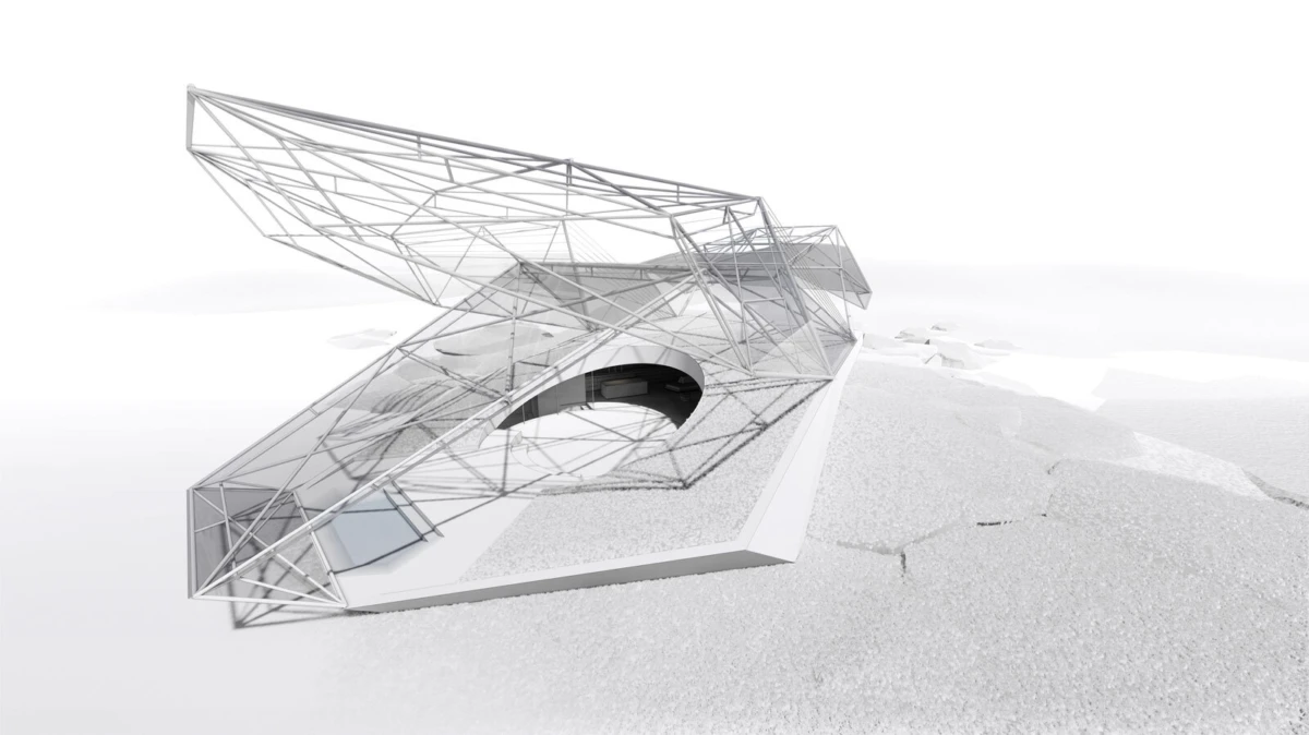 Geometric wireframe metal sculpture leaning over a concrete base in a snow-covered landscape.