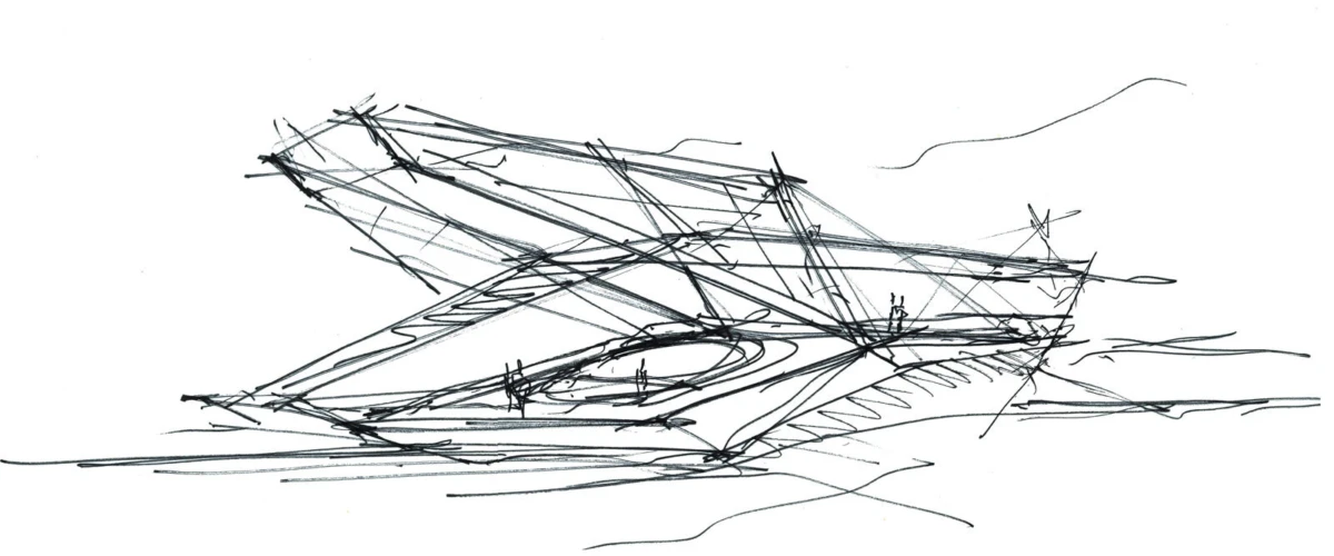 Abstract line drawing of intersecting angular beams forming a tilted, tangled structure on a white background.