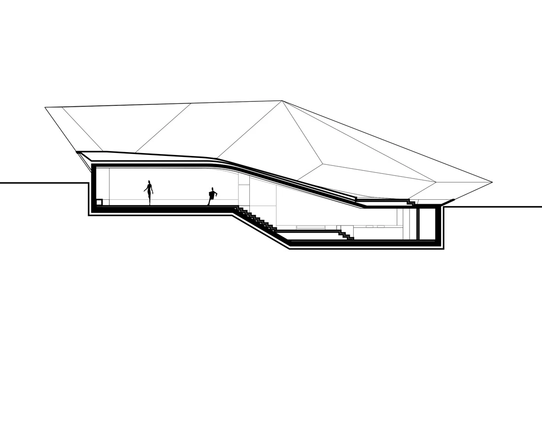 Cross-section of a modern building showing a curved interior ramp, stairs, and two figures inside.